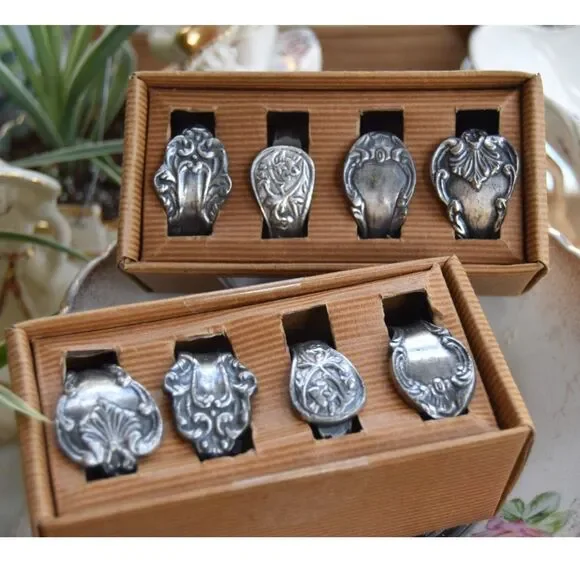 Pottery Barn Victorian Napkin Rings Silver Tone Set of 8 Boxed Ornate