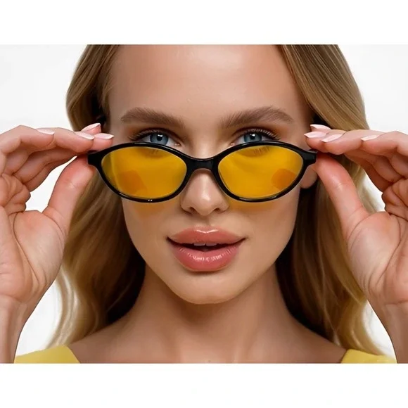 Womens Black Oval Sunglasses Yellow Tinted Lenses‎ Retro Style Small Shades 2026
