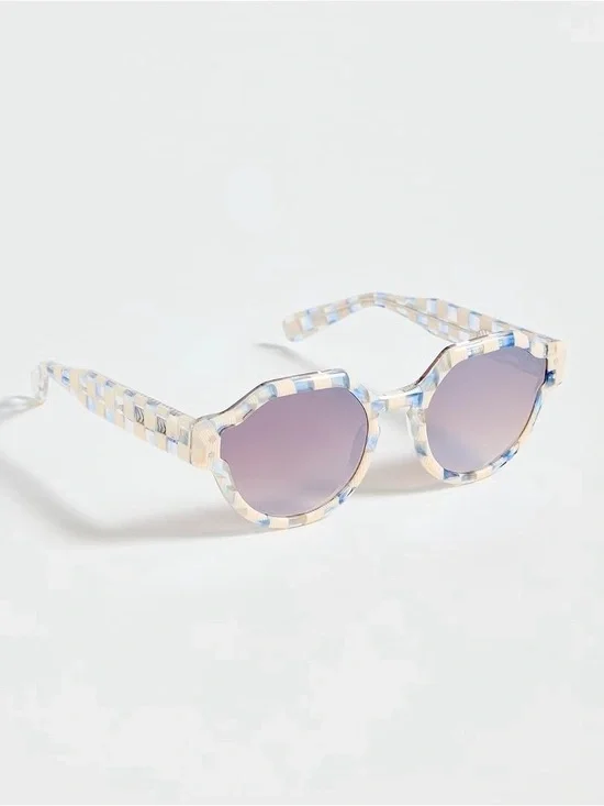 KREWE Cream and Blue Check Round Sunglasses