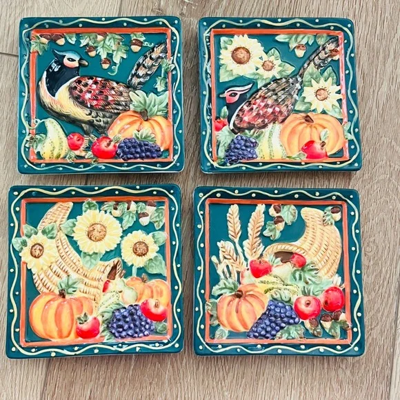 MWW Market Susan Winget Harvest Pheasant Mini Plates Set 4 Ceramic Thanksgiving