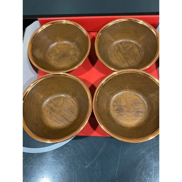 Vintage Faux Wood Grain Salad Bowls Set of 4 Copper Rim Metallic Trim Brown
