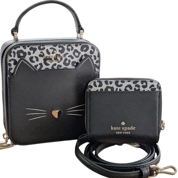 NWT Kate Spade SET ♠️ Black Meow Cat Daisy Vanity Crossbody BAG & small wallet