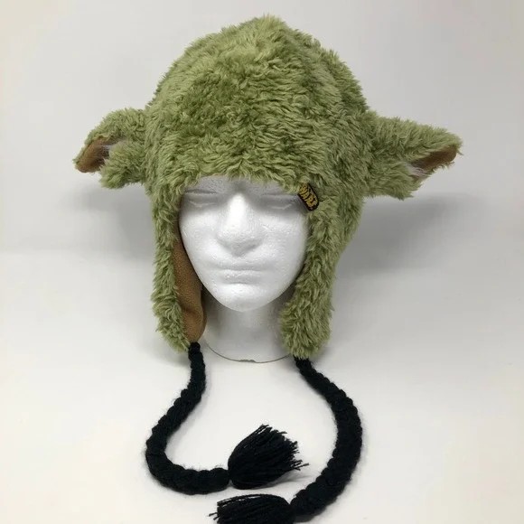 H&M Star Wars Yoda Trapper Hat Green Faux Fur Earflap Beanie One Size Braided
