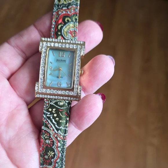Joan Rivers Shell Face With Crystal Accents and Green Pasley Watch Band