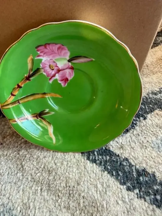 VTG Prince China Saucer Hand-Painted Floral Green with Gold Trim