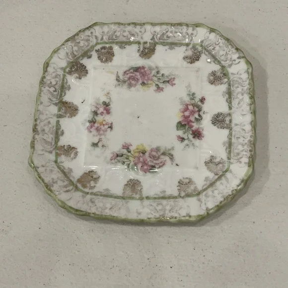 Imperial China Austria Unusual Plate Trivet Floral Gold Green Square Octagonal