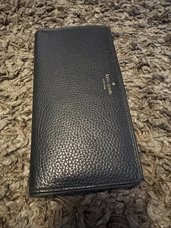 kate spade Pebbled Black Leather Continental Wallet with Gold Logo