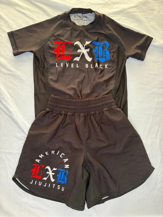 LXB Level Black Black Jiu Jitsu 2 PC Rashguard Shirt Shorts Red & Blue Logo YM