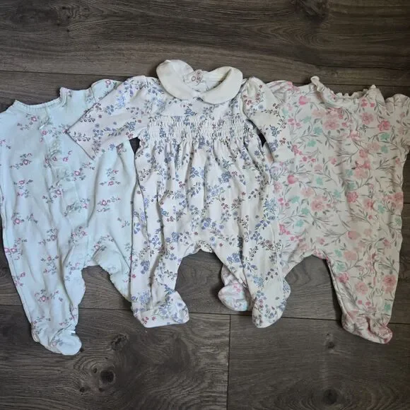 Little Me Newborn Girl NB 3Pc Lot Pima Cotton Floral Footie Sleeper Romper Set