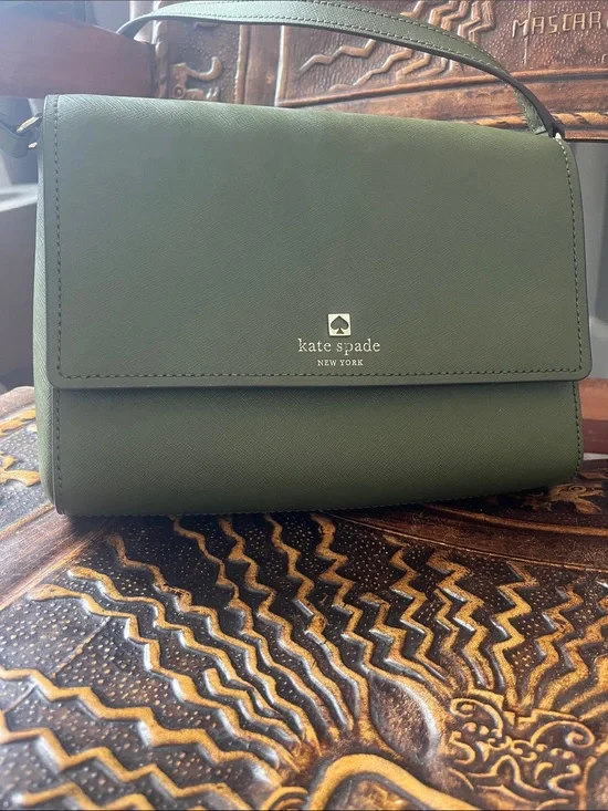 kate spade Olive Green Saffiano Leather Shoulder Bag with Gold Logo
