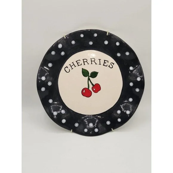 Hand Painted Cherries Wall Plate Black White Polka Dot Kitchen Decor