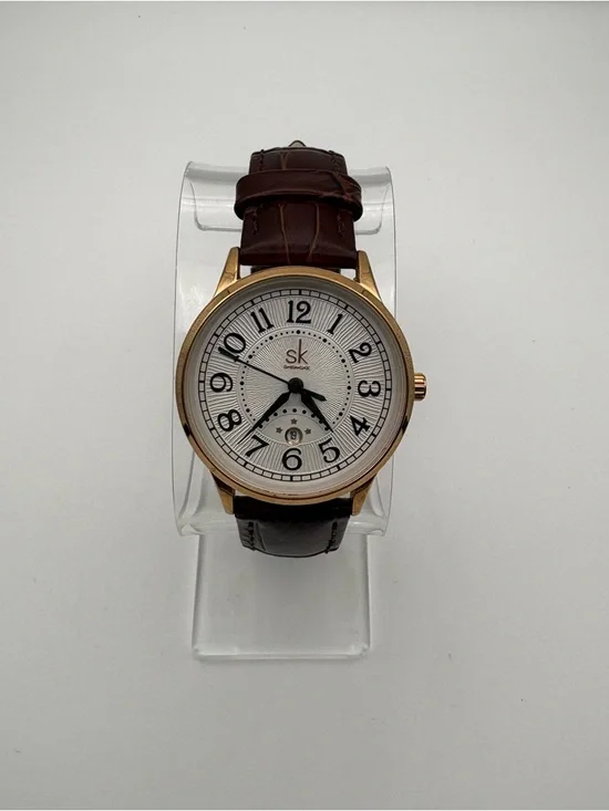 SK White Textured Dial Rose Gold Case Brown Leather Watch‎ New Battery