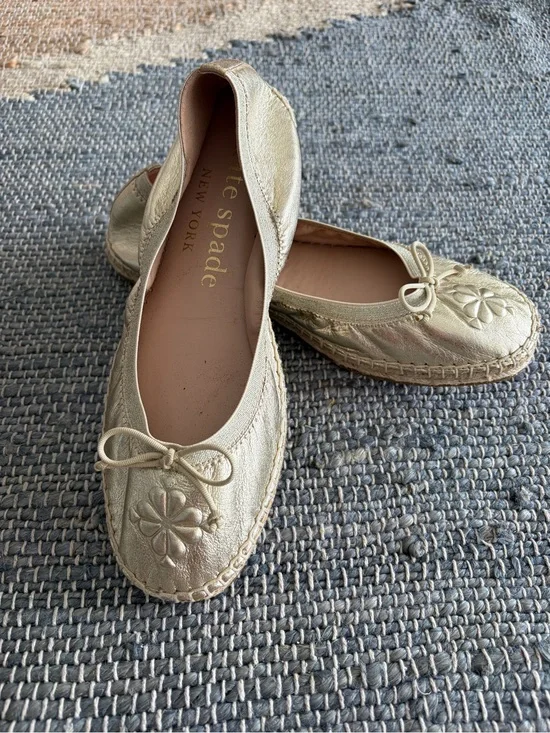 Kate Spade Clubhouse Leather Espadrille Flats  Gold Metallic