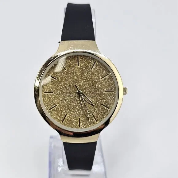 38MM Women's Watch Glitter Gold Dial Black Plastic Bands‎ New Battery