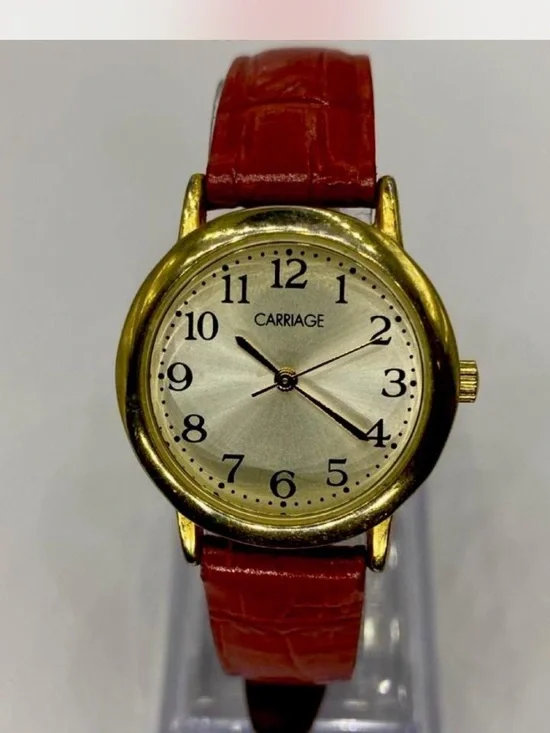 *** Carriage  ^^^ Gold-Tone Watch  \  Ruby Red Strap  ***