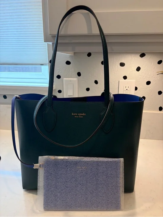 kate spade dark green tote with blue interior