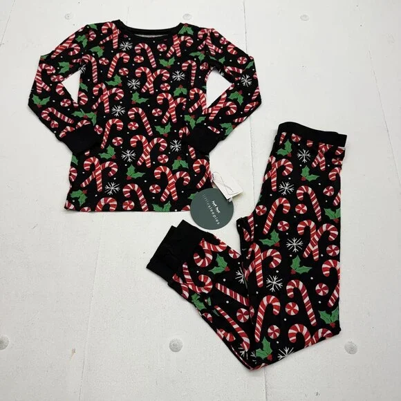Little Sleepies Pajama Set Kids 7-8 Black Merry Mints Candy Cane 2 Piece PJs