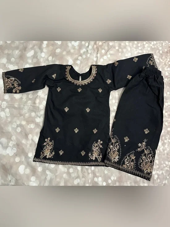 Black Embroidered Girls' Top with Gold Accents