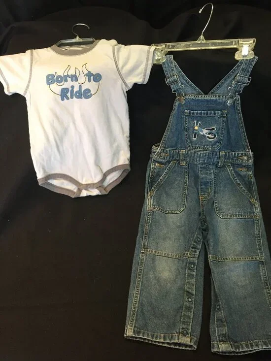 Gymboree Born To Ride 2pc set 2T denim overalls and onesie outfit