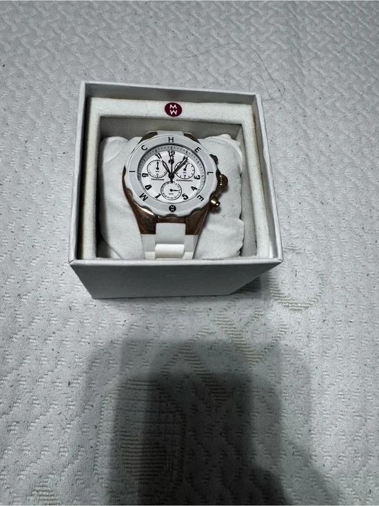 Michele White Ceramic-Style Watch with Rose Gold Accents
