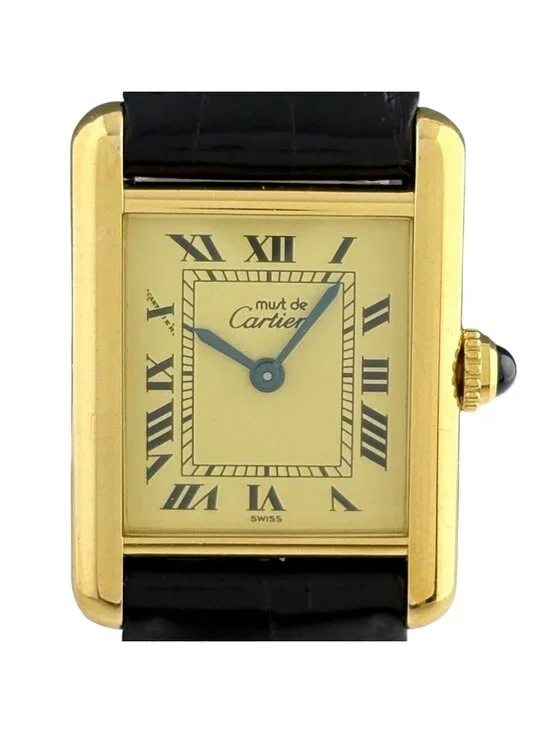 Cartier Must Tank SM Vermeil Watch 925 Sterling Silver Leather Quartz Yellow