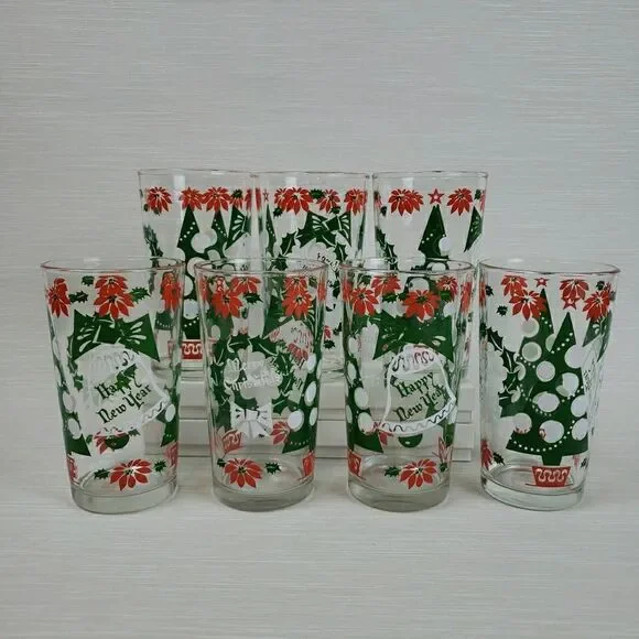 Vintage 7 Merry Christmas Happy New Year Cups Tumblers Continental Glass MCM