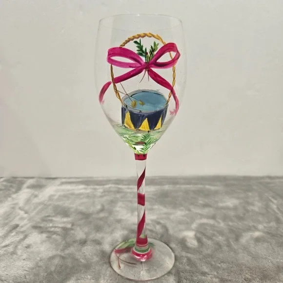 Hand Painted Christmas Wine Glass Holiday Drum Pink Bow Candy Cane Stem 9 inch
