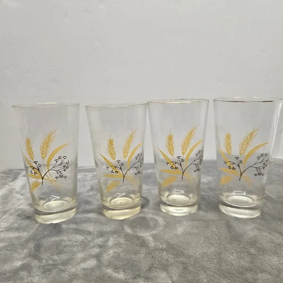 Vintage Golden Wheat Glass Tumblers Set of 4 Gold Rim Mid Century Farmhouse