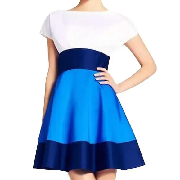 Kate Spade Fiorella Dress Color Block Fit & Flare Pleated Cotton White Blue 2