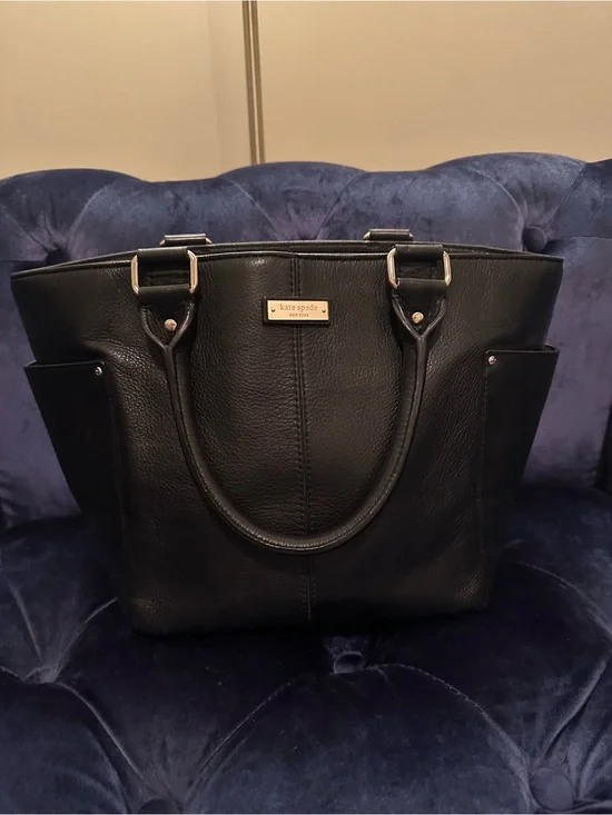 kate spade Black Leather Tote with Gold Plaque