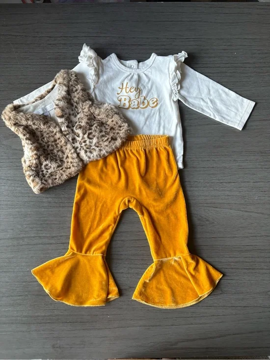 Hey Babe White Ruffle Bodysuit with Mustard Velvet Flare Pants