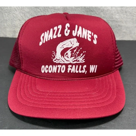 KC‎ Trucker Hat Mens OSFA Maroon Snazz & Jane's Oconto Falls WI Fishing Mesh Cap