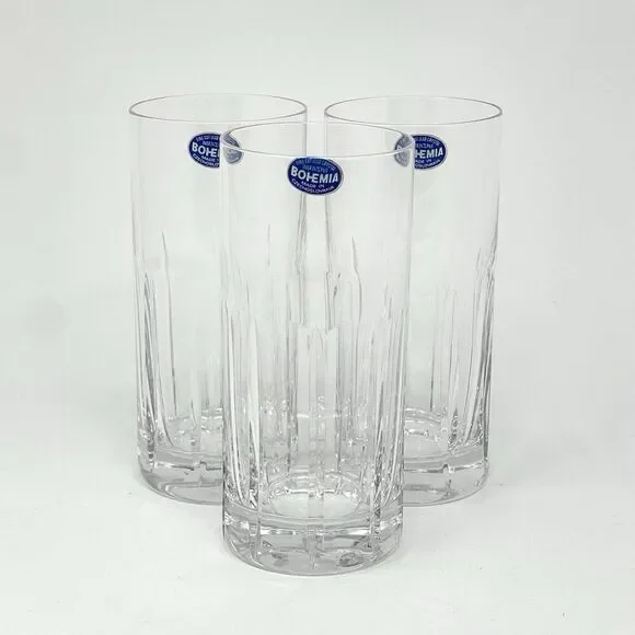 Bohemia Cut Crystal Clear Highball Glasses 5.75” Set Of 3 Original Stickers