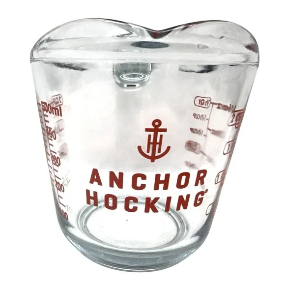 Anchor Hocking 2 Cup Glass Measuring Cup‎ Red Print 16oz 500ml USA Heavy Glass