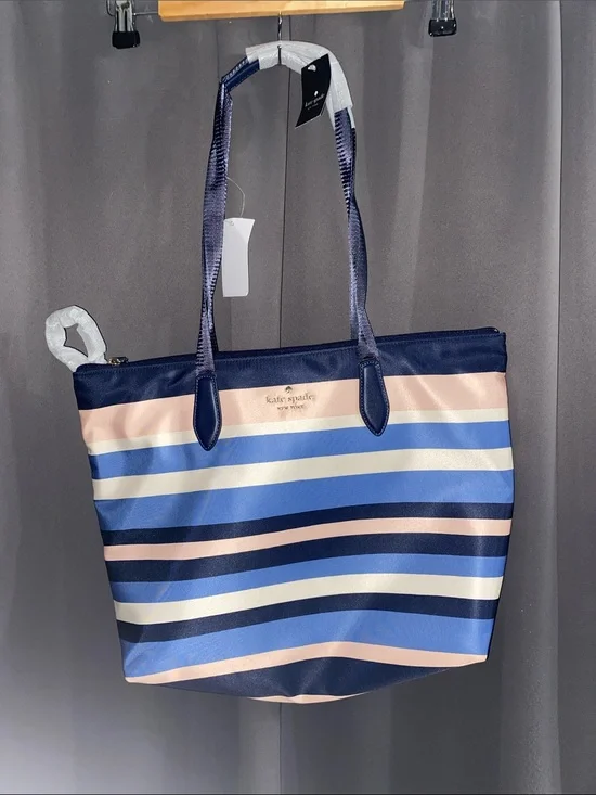 NWT kate‎ spade Navy, Light Blue & Pink Striped Shoulder Tote w /cosmetic bag