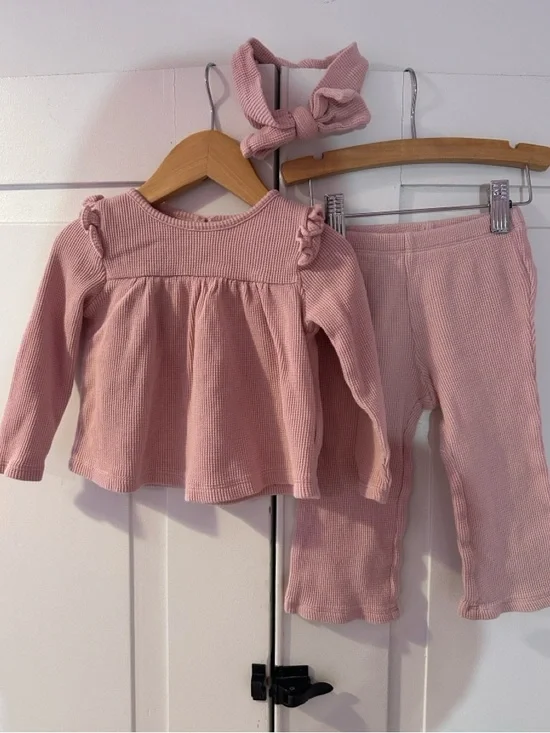 Baby Gap Organic Cotton Pink Waffle Knit 3pc Set Peplum Top 18-24‎ Months