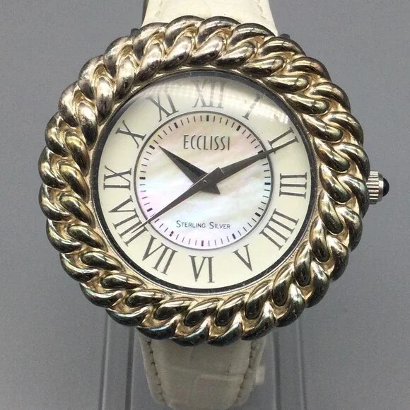 Ecclissi Womens Watch 37mm Sterling Silver MOP Dial Leather 23890 New Battery