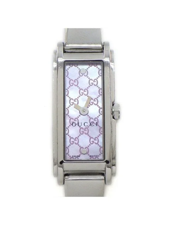 Gucci Watch Bangle 109 Horsebit Rectangular GG Pattern Pink Shell Dial SS
