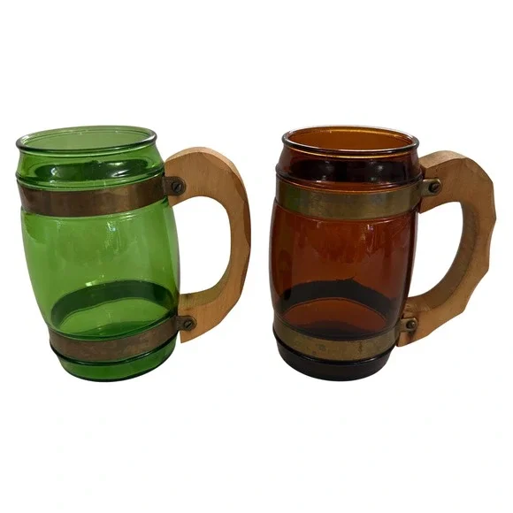 Vtg 1950s‎ 1960s Mid Century Glass Mugs w/ Wood Handles Brass Bands Green Amber