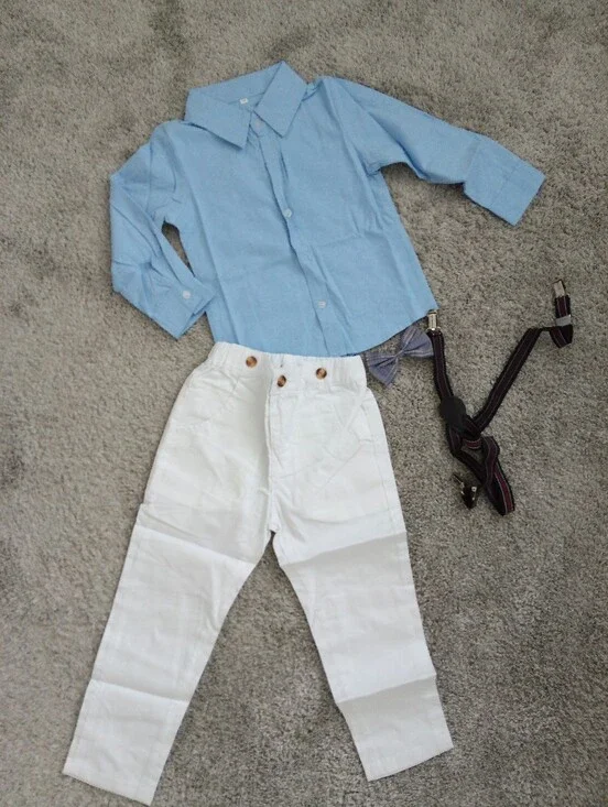 Boys Light Blue Button-Up Shirt & White Pants Outfit, Size 4-5T.