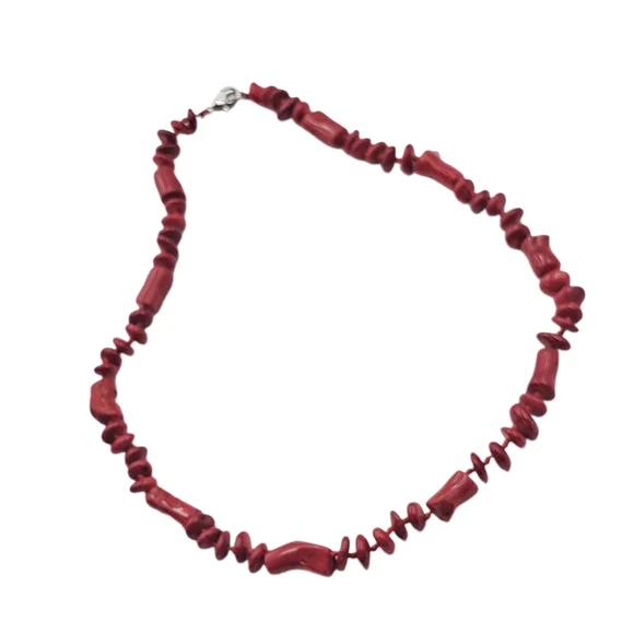 Red Coral Chip & Barrel Bead Necklace – 20