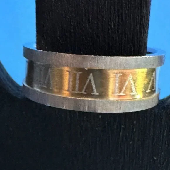 Stainless Steel Band Ring Size 10 Etched Roman Numerals Pattern Unisex Jewelry