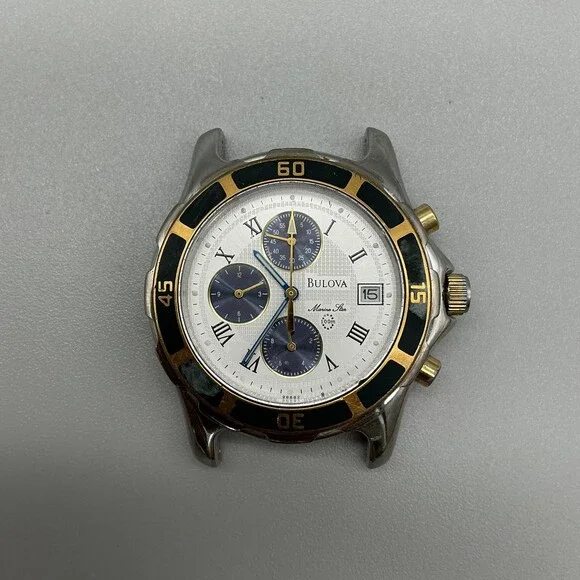 Bulova Marine Star 98B82 Mens Watch 40mm White Blue Chronograph Non Running