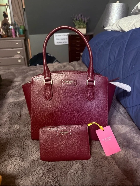 kate spade Burgundy Leather Tote with Matching Wallet Set