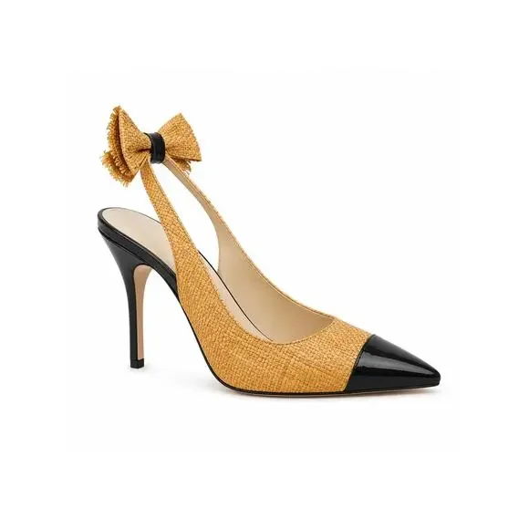Kate Spade Raffia Leather Slingback Heels Black Pointed Toe Bow Pumps Size 7.5