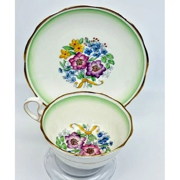 Royal Albert Tea Cup and Saucer Set Green Fade Yellow Ribbon Floral Bouquet 1586