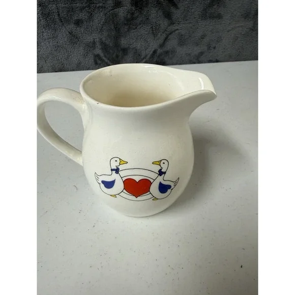 Vtg 1980s Country Porcelain Pitcher Geese Red Heart Blue Ribbon Creamer