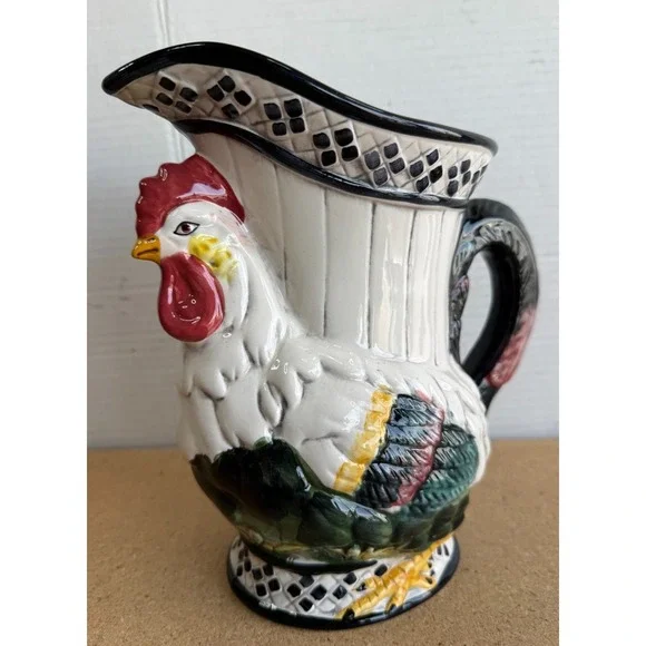 NIB VTG 1998 CBK LTD Rooster Shaped Ceramic Pitcher Country Style‎ 8 1/2
