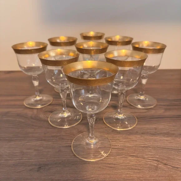 Tiffin Gold Encrusted Crystal Cordial Wine Glasses Set of 9 Scroll Rim MCM Deco