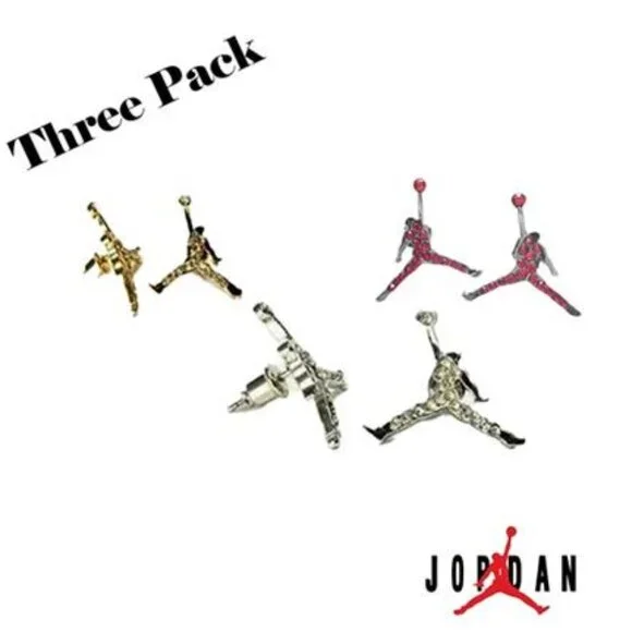 NEW MICHAEL JORDAN SILVER - PLATED PAIRS STUD EARRINGS CRYSTAL RHINESTONE, 3 PCS